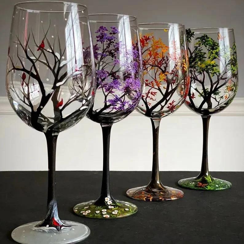 The Four Seasons Hand-Painted Wine Glass – A Year of Nature in Every Sip