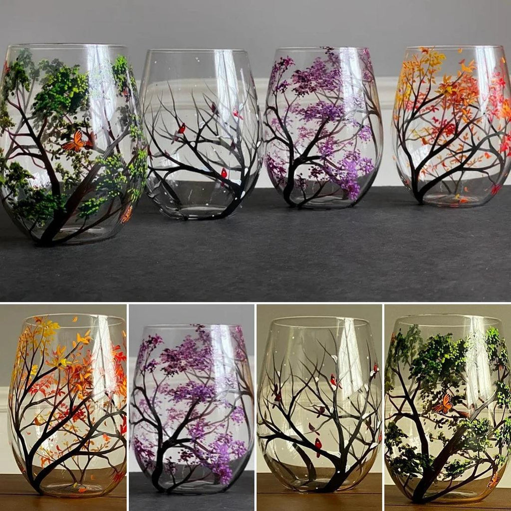 The Four Seasons Hand-Painted Wine Glass – A Year of Nature in Every Sip
