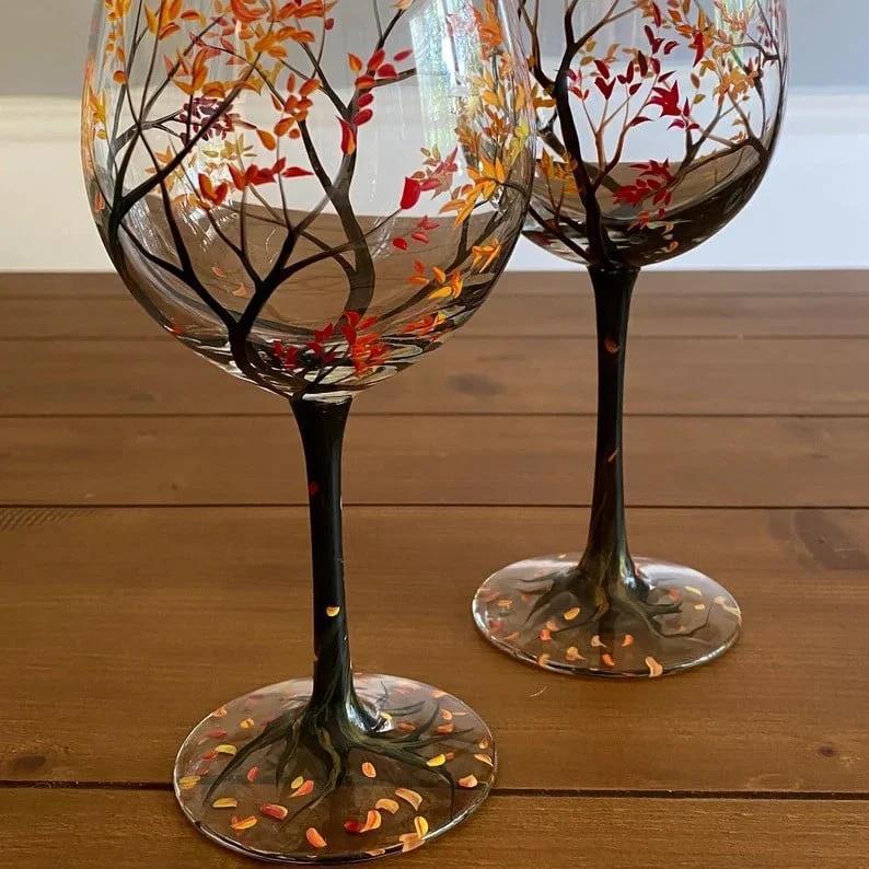 The Four Seasons Hand-Painted Wine Glass – A Year of Nature in Every Sip